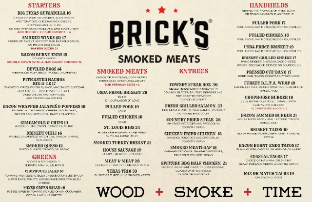 Brick&rsquo;s Smoked Meats menu page 1 with starters, smoked meats, entrees and handhelds