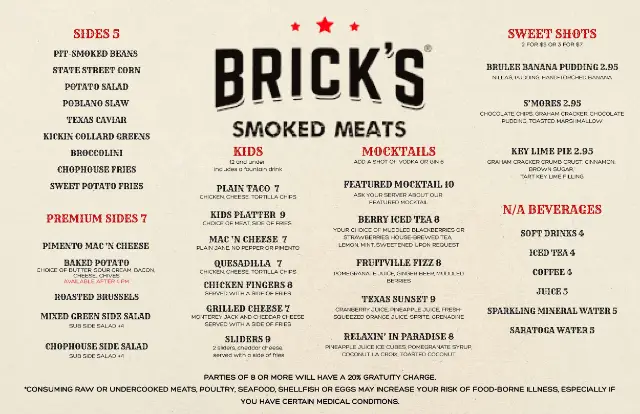Brick&rsquo;s Smoked Meats menu page 2 with sides, kids menu, mocktails and desserts