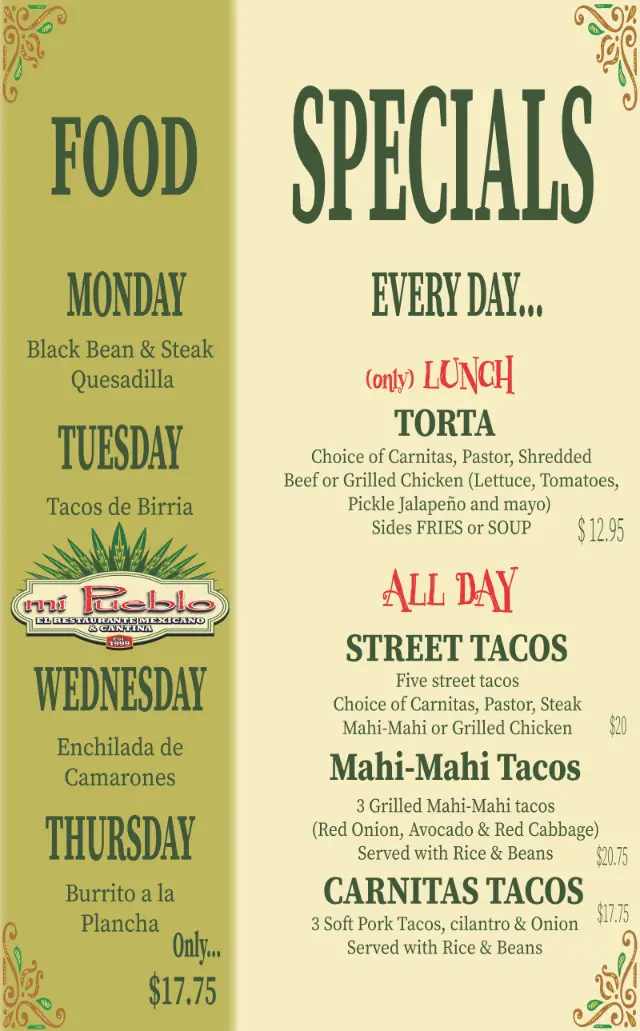 Mi Pueblo specials menu