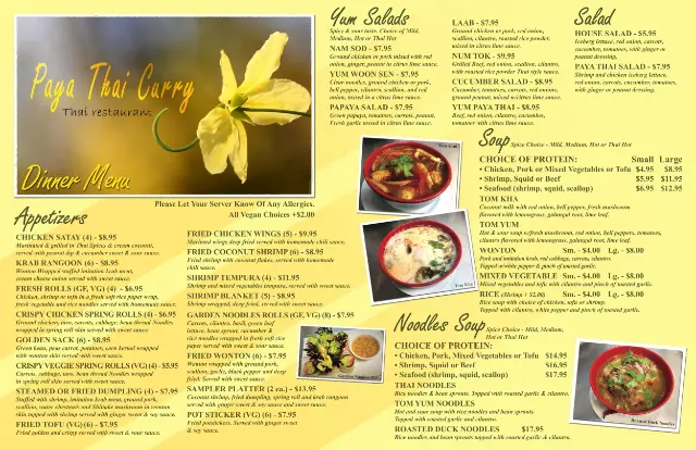 Paya Thai Curry dinner menu page 1