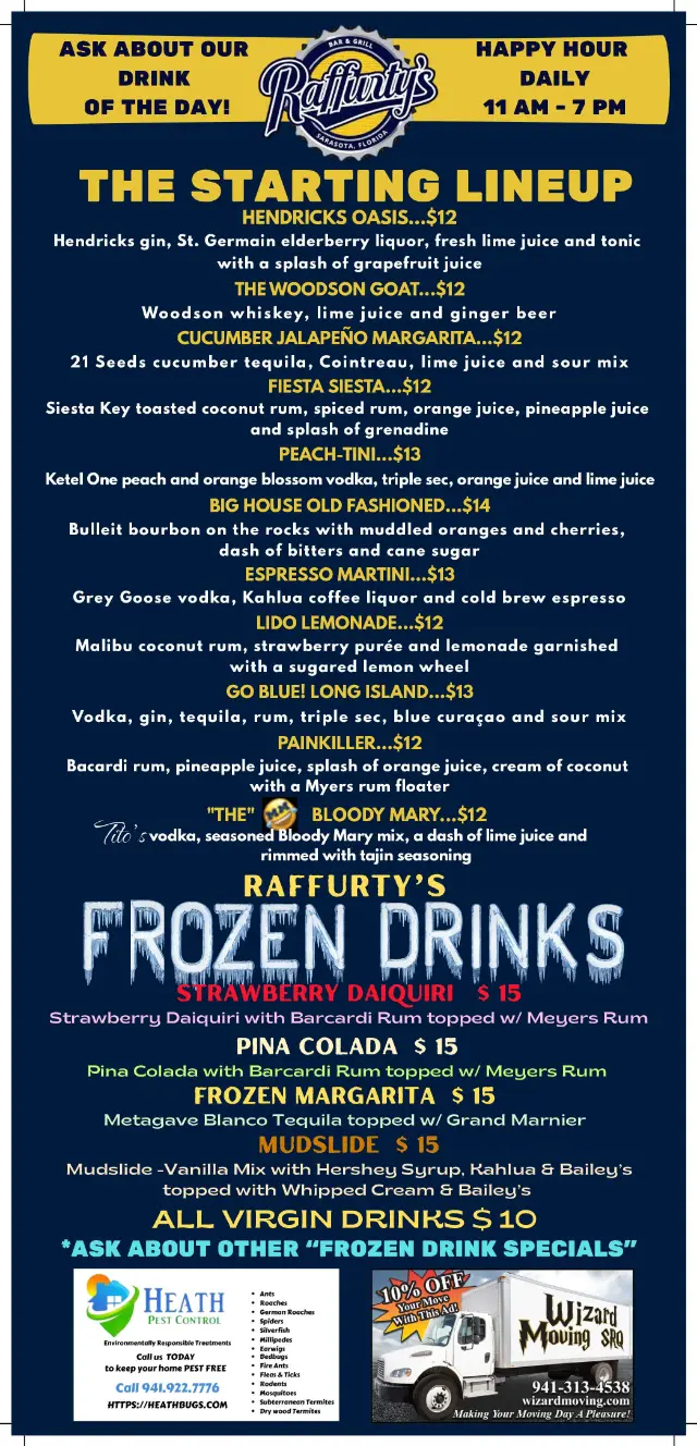 Raffurty’s Bar & Grill drink menu page 1