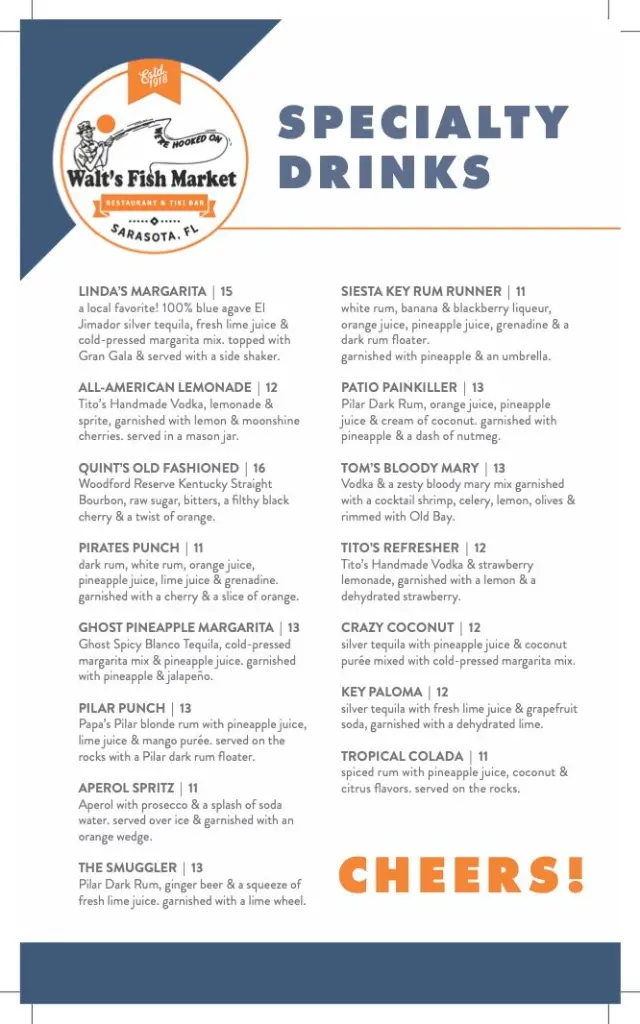 Walt’s Fish Market drink menu page 1