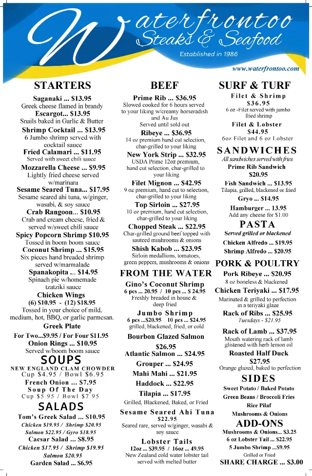 Waterfrontoo menu page 1