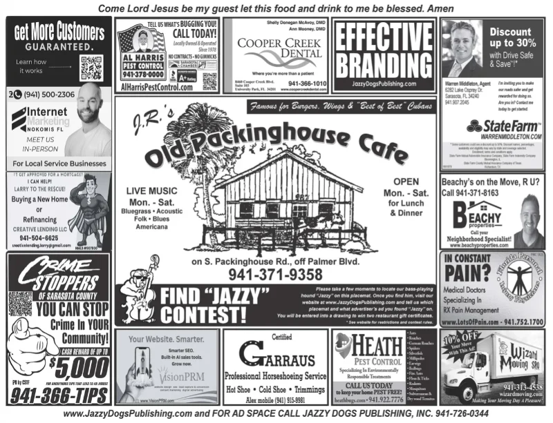 A Jazzy Dogs placemat with local business ads around J.R.’s Old Packinghouse Cafe and the Find Jazzy contest